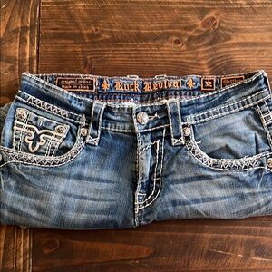 Rock Revival Blue Straight Jeans with Vintage Faded Effect